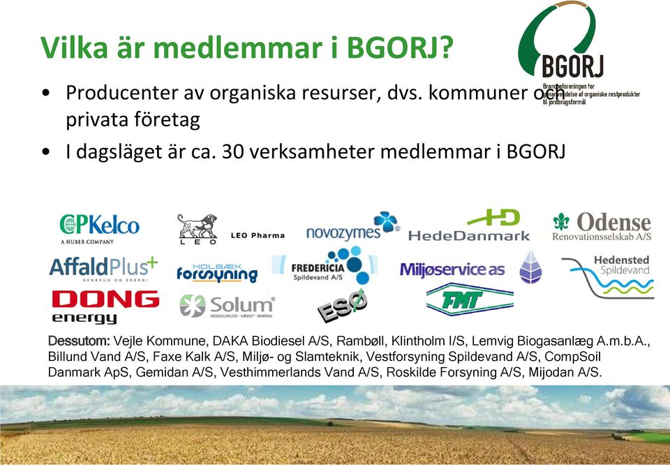 30 verksamheter medlemmar i BGORJ Dessutom: Vejle Kommune, DAKA Biodiesel A/S, Rambøll, Klintholm I/S,