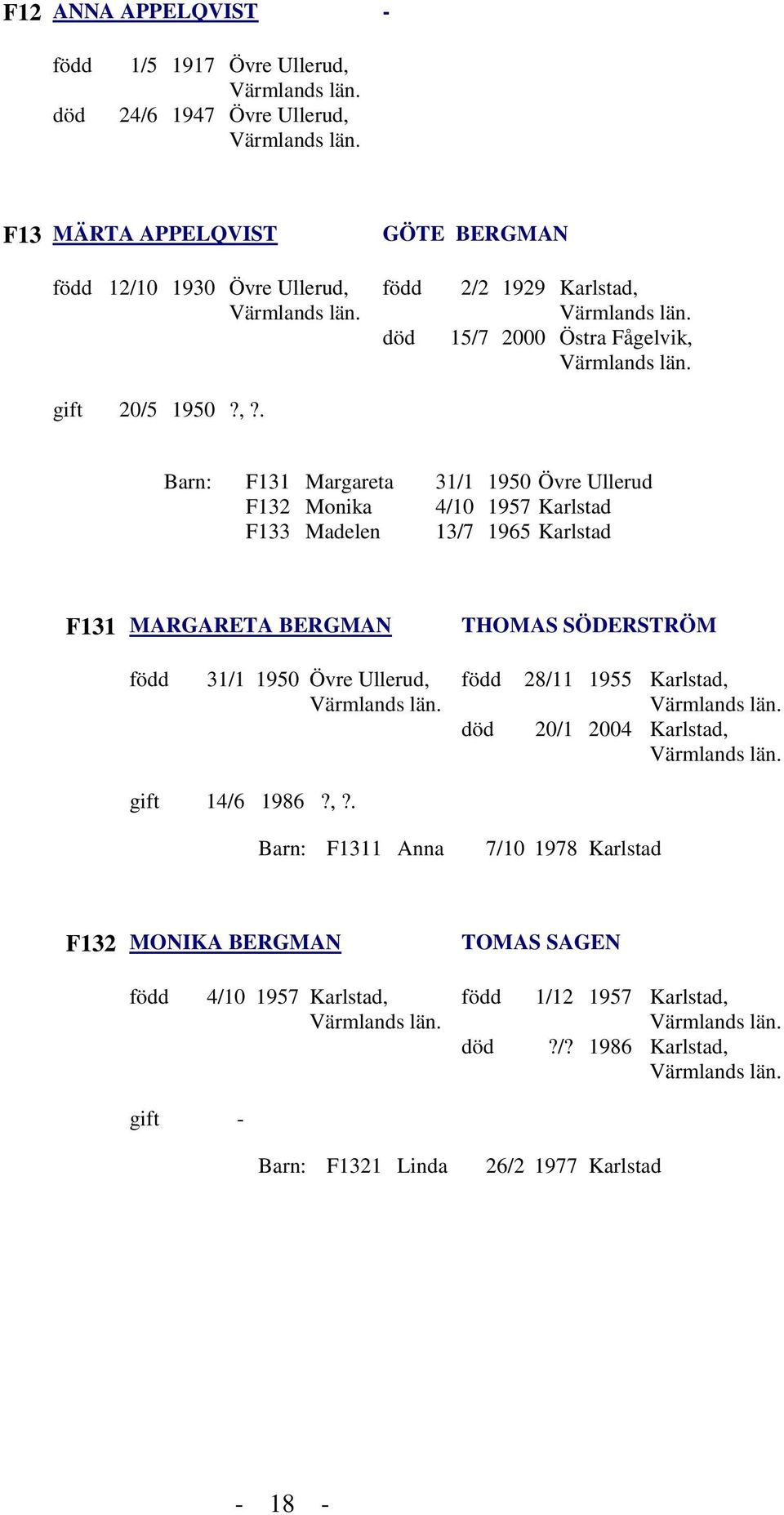 F13 MÄRTA APPELQVIST GÖTE BERGMAN 12/10 1930 Övre Ullerud, 