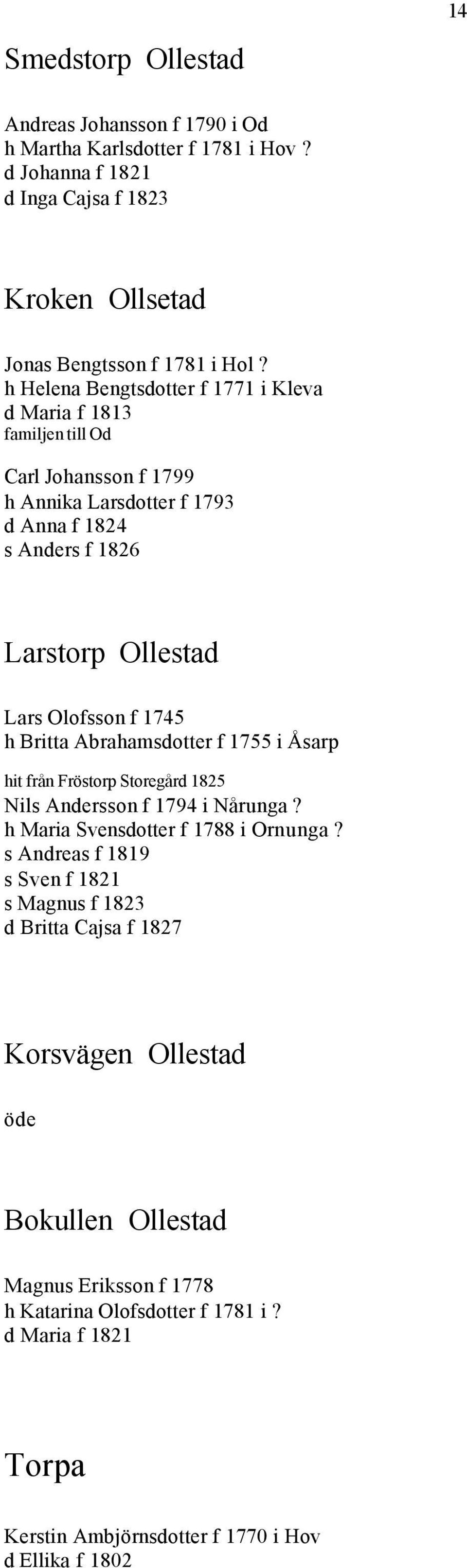 1745 h Britta Abrahamsdotter f 1755 i Åsarp hit från Fröstorp Storegård 1825 Nils Andersson f 1794 i Nårunga? h Maria Svensdotter f 1788 i Ornunga?