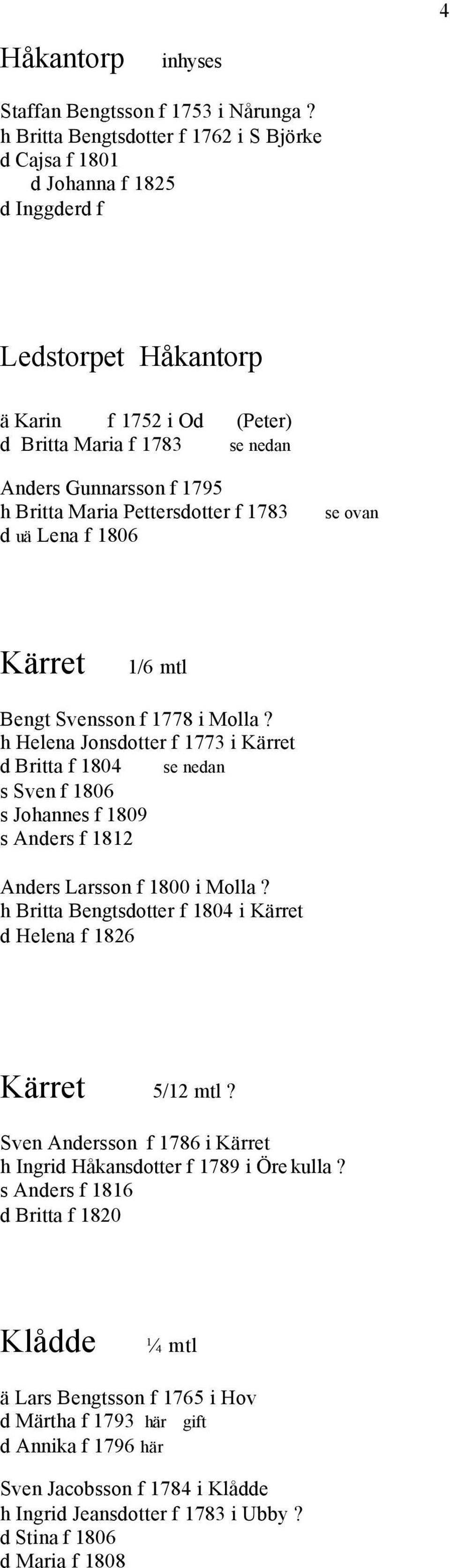 Maria Pettersdotter f 1783 d uä Lena f 1806 se ovan Kärret 1/6 mtl Bengt Svensson f 1778 i Molla?