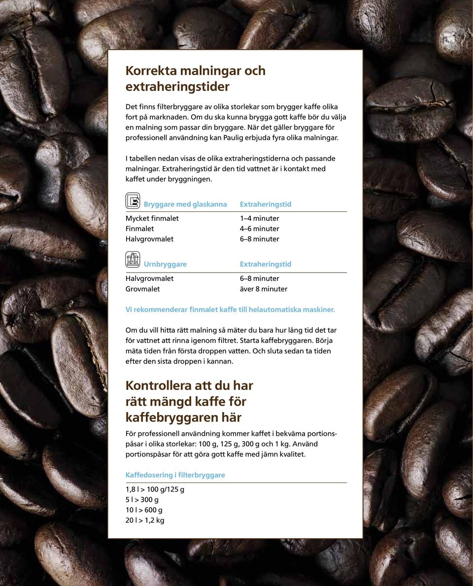 I tabellen nedan visas de olika extraheringstiderna och passande malningar. Extraheringstid är den tid vattnet är i kontakt med kaffet under bryggningen.