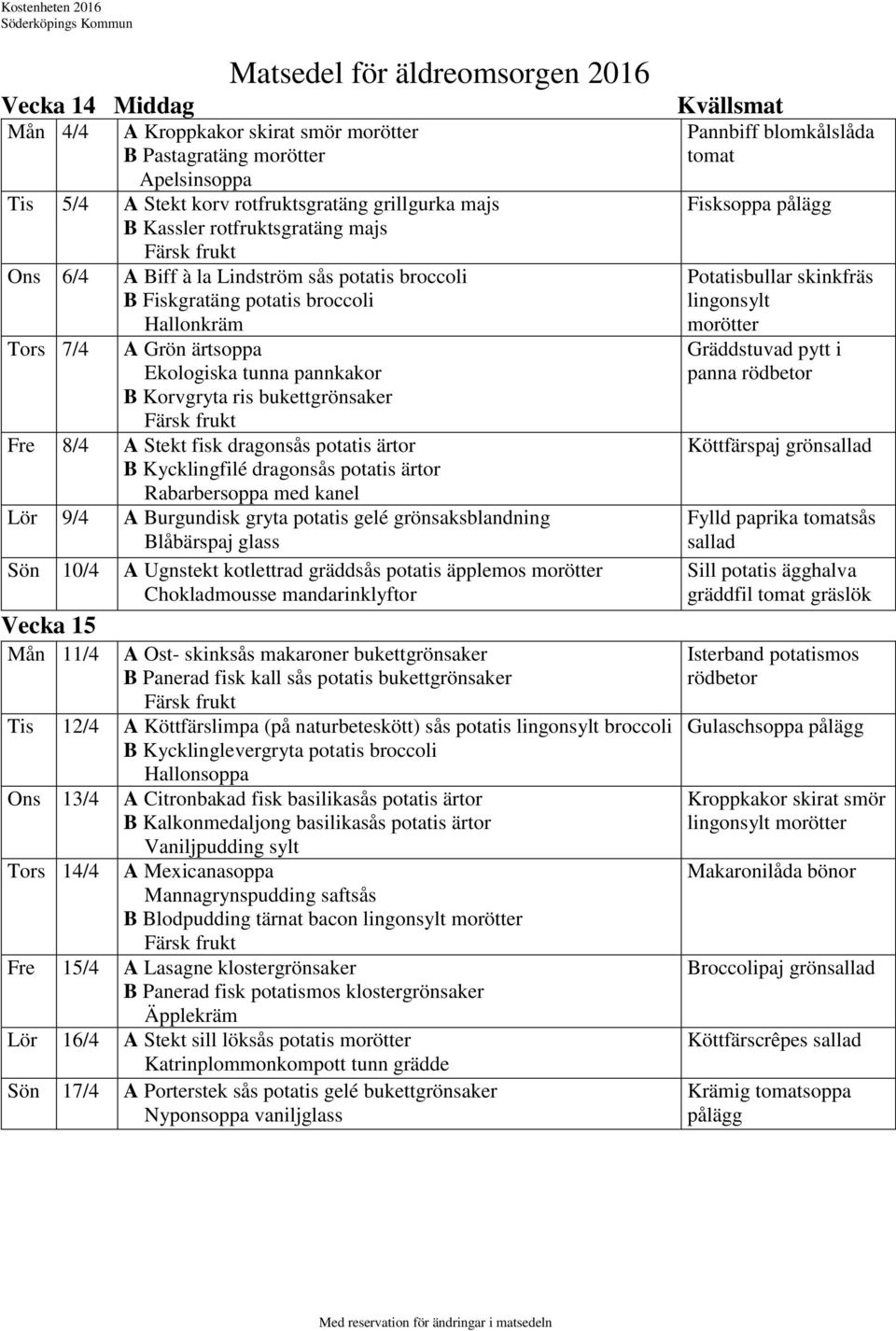 ärtor B Kycklingfilé dragonsås potatis ärtor Rabarbersoppa med kanel Lör 9/4 A Burgundisk gryta potatis gelé grönsaksblandning Blåbärspaj glass Sön 10/4 A Ugnstekt kotlettrad gräddsås potatis