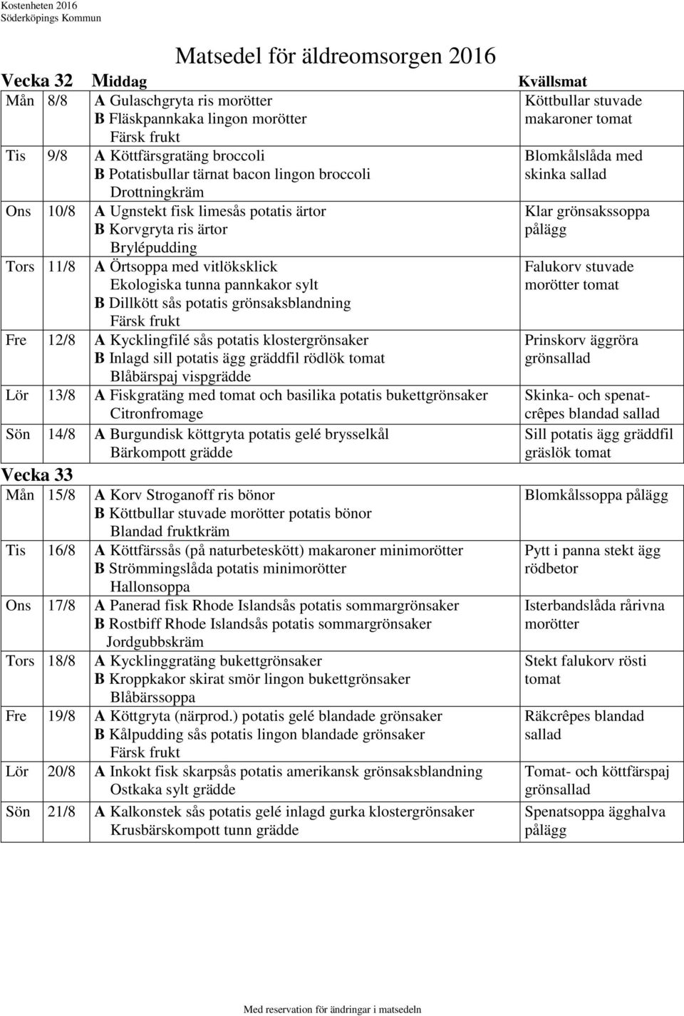 sås potatis klostergrönsaker B Inlagd sill potatis ägg gräddfil rödlök tomat Blåbärspaj vispgrädde Lör 13/8 A Fiskgratäng med tomat och basilika potatis bukettgrönsaker Citronfromage Sön 14/8 A