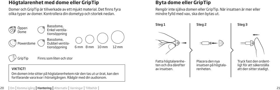 Öppen Dome Powerdome Bassdome, Enkel ventilationsöppning Bassdome, Dubbel ventilationsöppning 6 mm 8 mm 10 mm 12 mm Steg 1 Steg 2 Steg 3 GripTip Finns som liten och stor VIKTIGT!