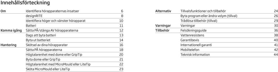 GripTip 21 Högtalarenhet med MicroMould eller LiteTip 22 Sköta MicroMould eller LiteTip 23 Alternativ Varningar Tillbehör Tillvalsfunktioner och tillbehör 24 Byta program eller