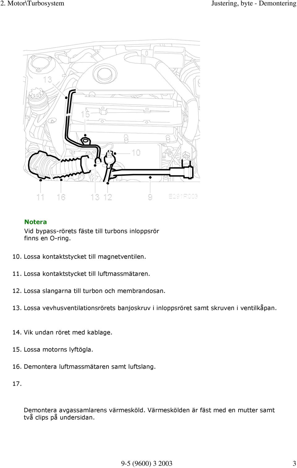 Lossa vevhusventilationsrörets banjoskruv i inloppsröret samt skruven i ventilkåpan. 14.Vik undan röret med kablage. 15.