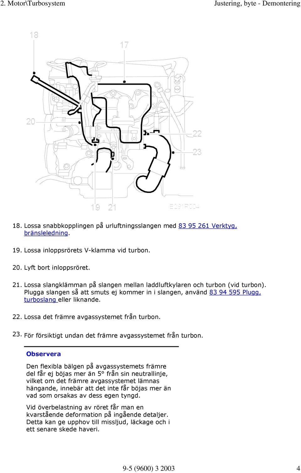 Lossa det främre avgassystemet från turbon. 23.För försiktigt undan det främre avgassystemet från turbon.