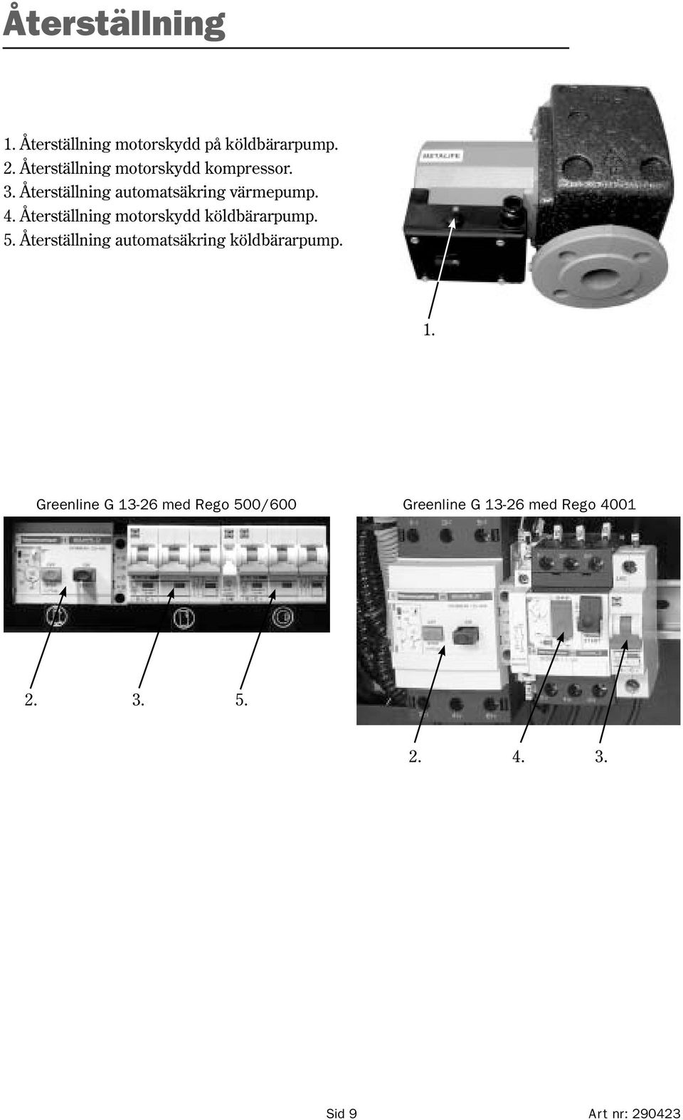 Återställning motorskydd köldbärarpump. 5. Återställning automatsäkring köldbärarpump.