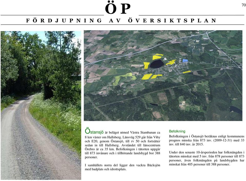 I samhällets norra del ligger den vackra Bäcksjön med badplats och idrottsplats. Befolkning Befolkningen i Östansjö beräknas enligt kommunens prognos minska från 873 inv.