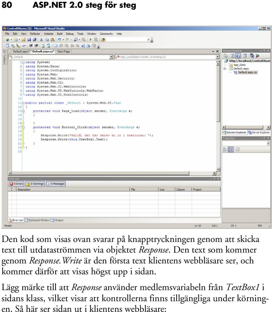 objektet Response. Den text som kommer genom Response.