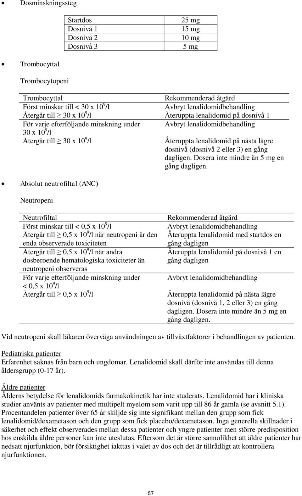 Återuppta lenalidomid på nästa lägre dosnivå (dosnivå 2 eller 3) en gång dagligen. Dosera inte mindre än 5 mg en gång dagligen.