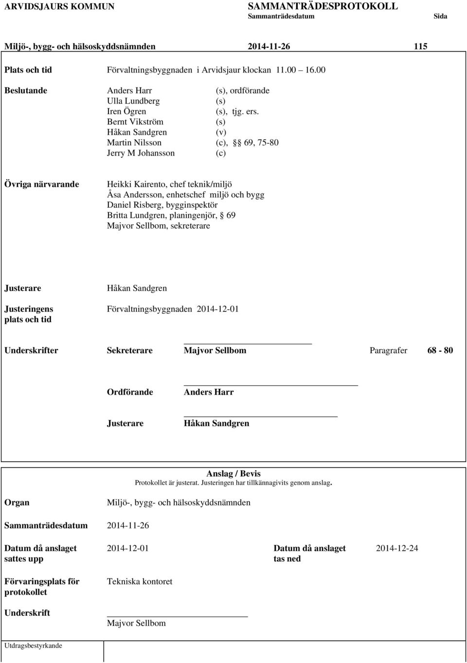 Risberg, bygginspektör Britta Lundgren, planingenjör, 69 Majvor Sellbom, sekreterare Justerare Håkan Sandgren Justeringens Förvaltningsbyggnaden 2014-12-01 plats och tid Underskrifter Sekreterare