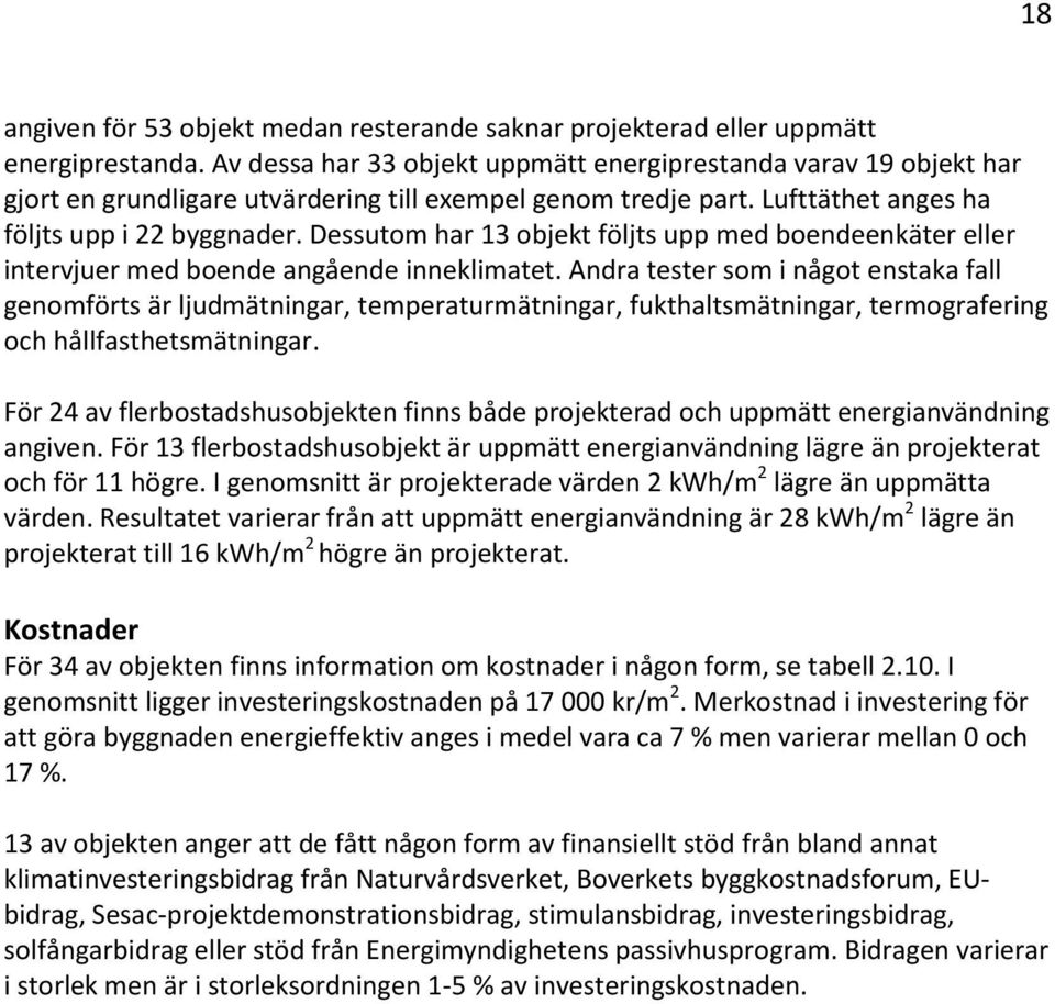 Dessutom har 13 objekt följts upp med boendeenkäter eller intervjuer med boende angående inneklimatet.