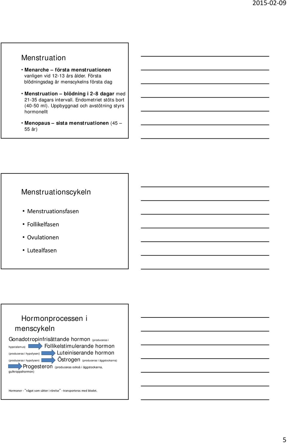 Uppbyggnad och avstötning styrs hormonellt Menopaus sista menstruationen (45 55 år) Menstruationscykeln Menstruationsfasen Follikelfasen Ovulationen Lutealfasen Hormonprocessen i