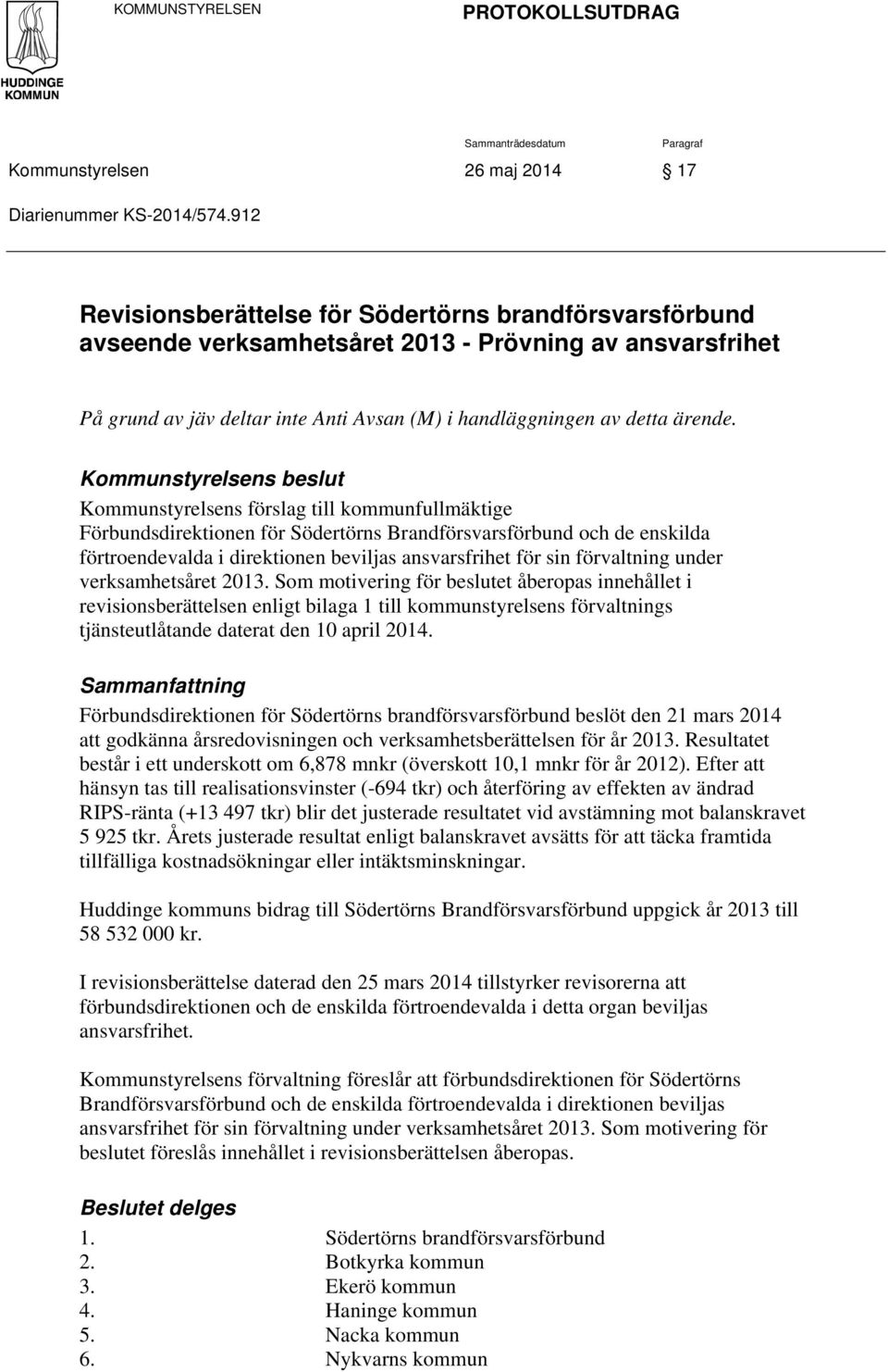 Kommunstyrelsens beslut Kommunstyrelsens förslag till kommunfullmäktige Förbundsdirektionen för Södertörns Brandförsvarsförbund och de enskilda förtroendevalda i direktionen beviljas ansvarsfrihet