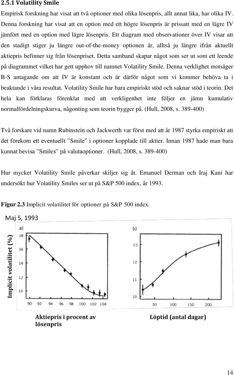 Ett diagram med observationer över IV visar att den stadigt stiger ju längre out-of-the-money optionen är, alltså ju längre ifrån aktuellt aktiepris befinner sig från lösenpriset.