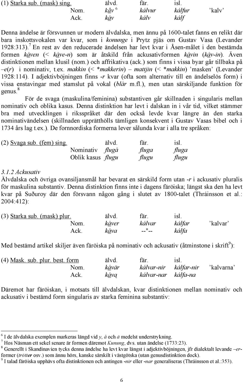 7 En rest av den reducerade ändelsen har levt kvar i Åsen-målet i den bestämda formen kåven (< kåve-n) som är åtskild från ackusativformen kåvin (kåv-in). Även distinktionen mellan klusil (nom.