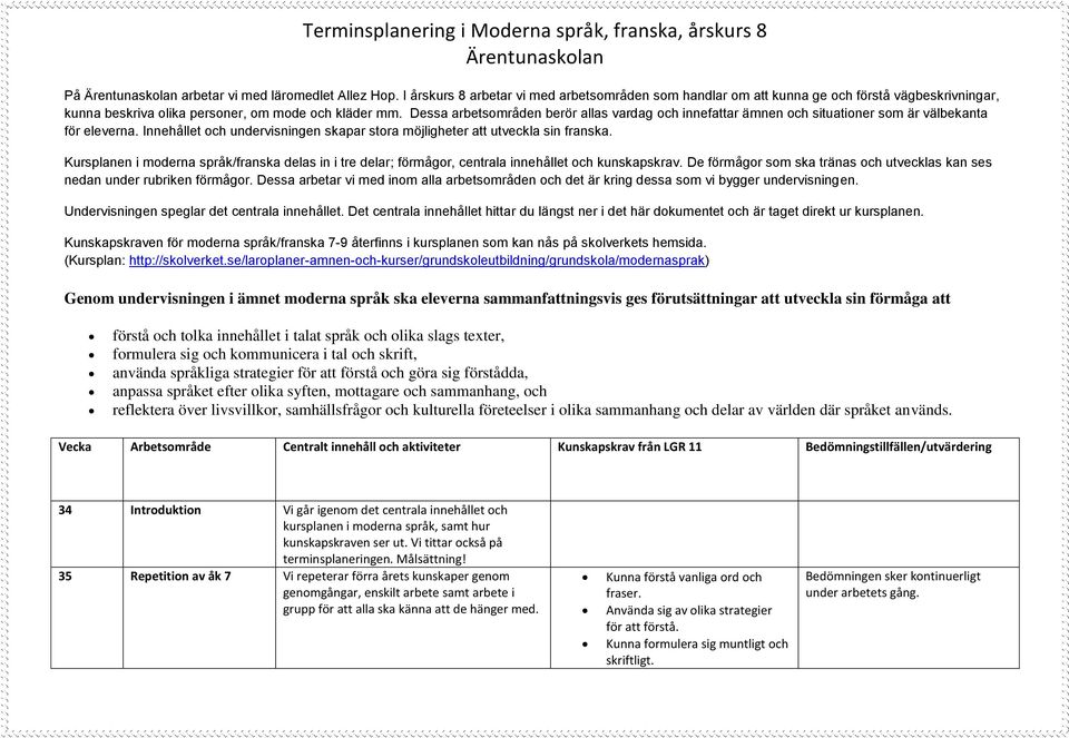 Kursplanen i moderna språk/franska delas in i tre delar; förmågor, centrala innehållet och kunskapskrav. De förmågor som ska tränas och utvecklas kan ses nedan under rubriken förmågor.