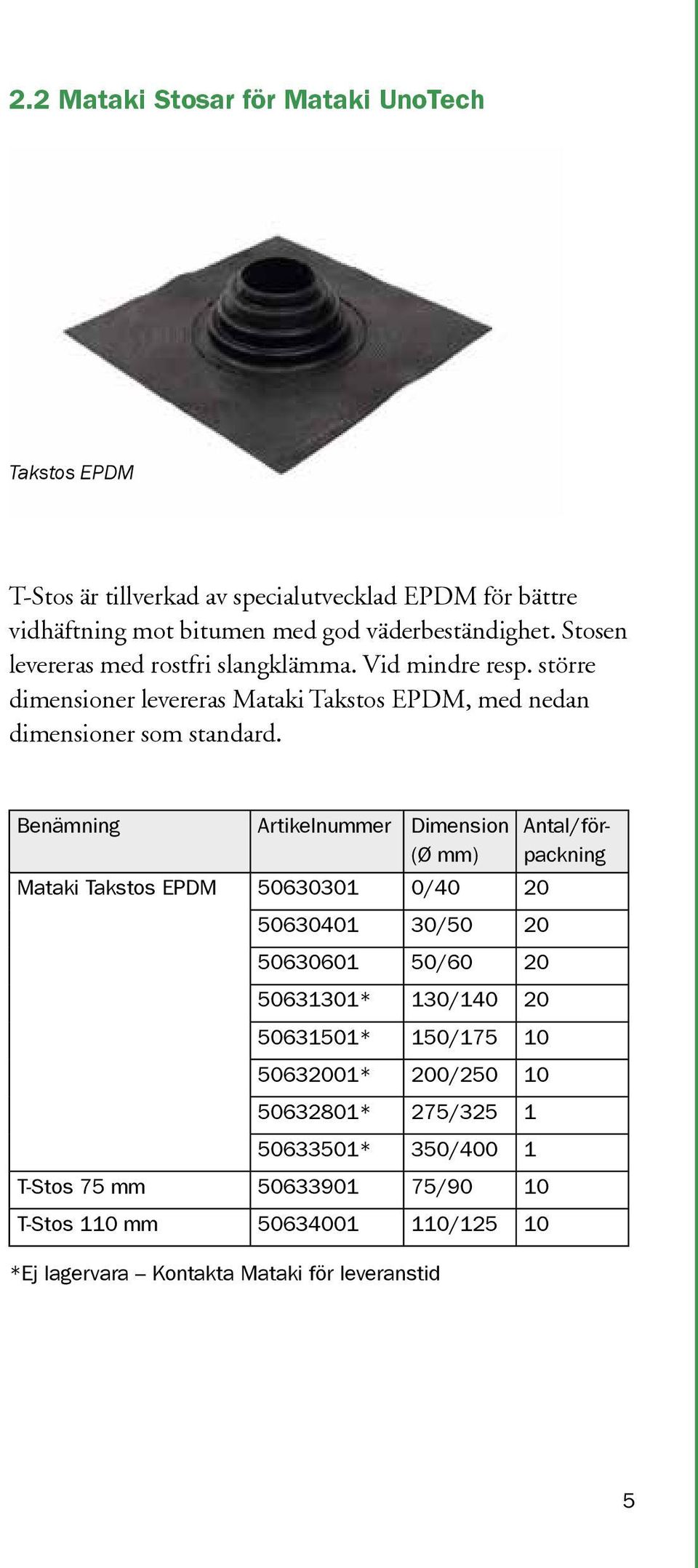 Benämning Artikelnummer Dimension (Ø mm) Mataki Takstos EPDM 50630301 0/40 20 50630401 30/50 20 50630601 50/60 20 50631301* 130/140 20 50631501* 150/175 10