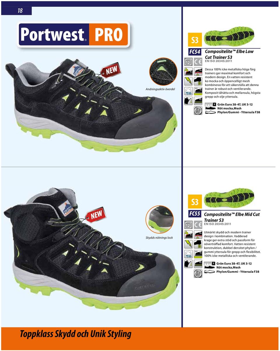 Grön Euro 38-47, UK 5- Nöt mocka,mesh Phylon/Gummi - Yttersula F38 Skydds nötnings lock S3 FC55 Compositelite Elbe Mid Cut Trainer S3 Utmärkt skydd och modern trainer design i kombination.
