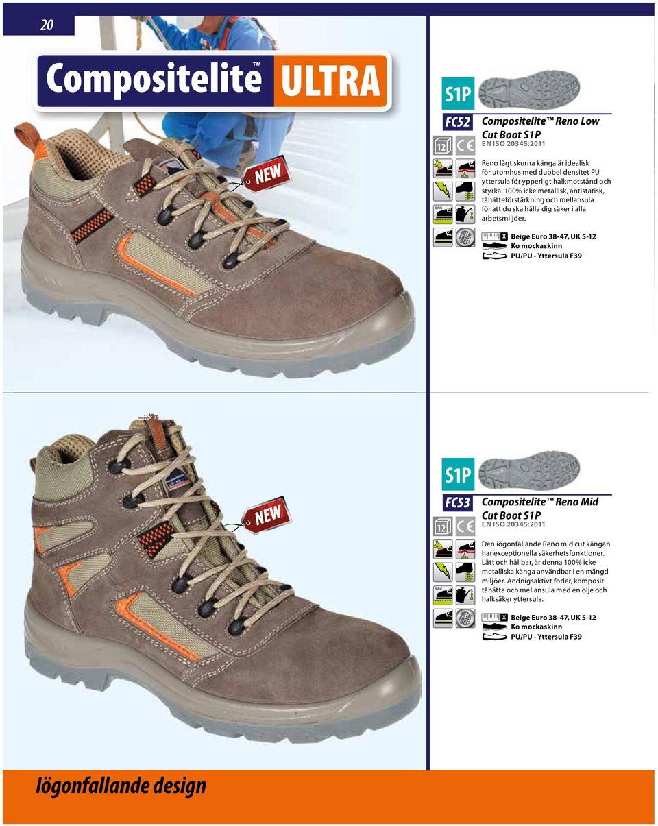 Beige Euro 38-47, UK 5- Ko mockaskinn PU/PU - Yttersula F39 FC53 Compositelite Reno Mid Cut Boot Den iögonfallande Reno mid cut kängan har exceptionella säkerhetsfunktioner.