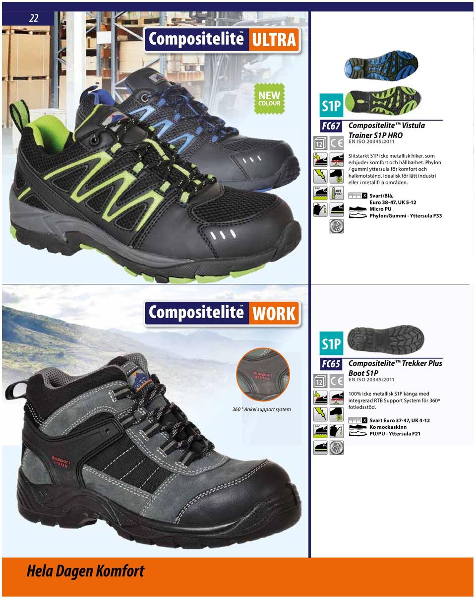 Svart/Blå, Euro 38-47, UK 5- Micro PU Phylon/Gummi - Yttersula F33 Compositelite WORK 360 Ankel support system FC65 Compositelite Trekker