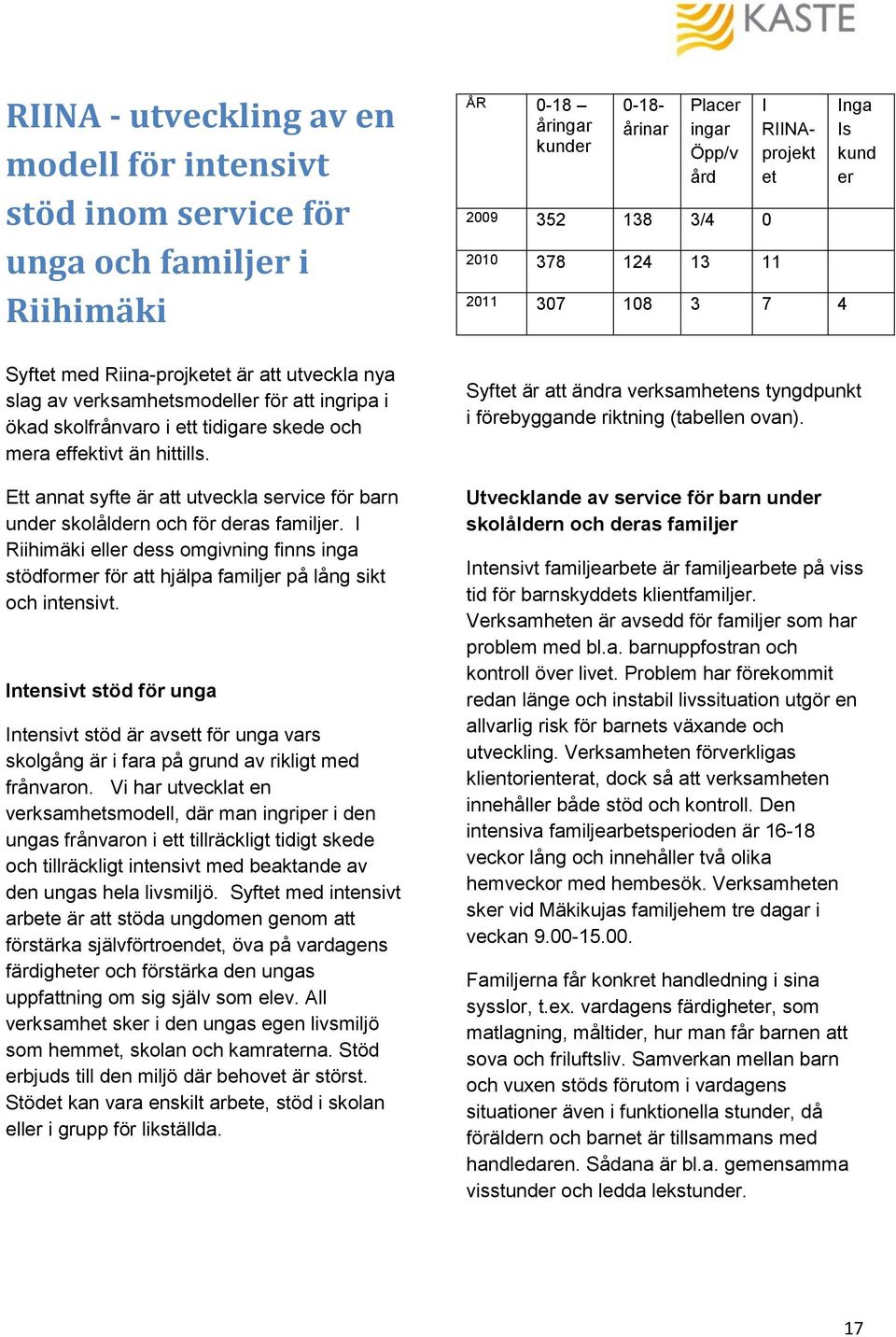 I Riihimäki eller dess omgivning finns inga stödformer för att hjälpa familjer på lång sikt och intensivt.