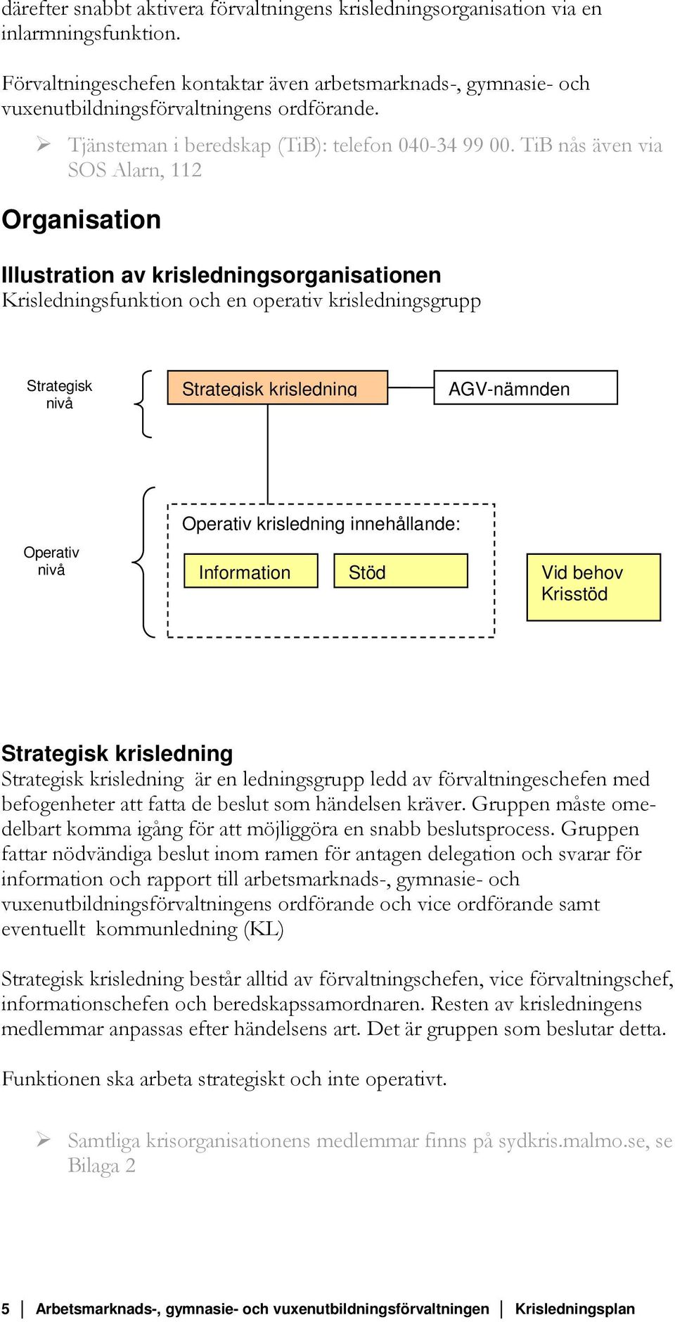 TiB nås även via SOS Alarn, 112 Organisation Illustration av krisledningsorganisationen Krisledningsfunktion och en operativ krisledningsgrupp Strategisk nivå Strategisk krisledning AGV-nämnden