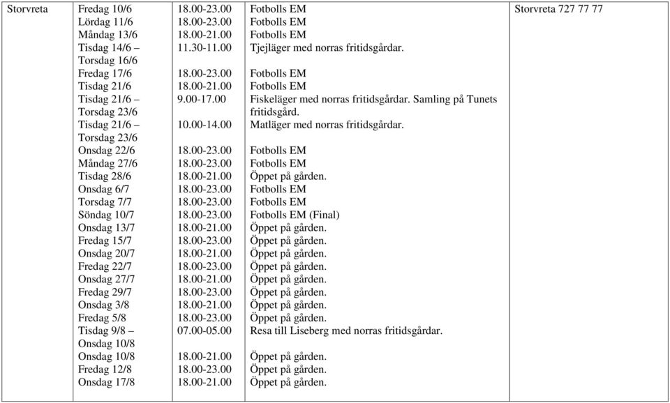 00-05.00 Tjejläger med norras fritidsgårdar. Fiskeläger med norras fritidsgårdar.