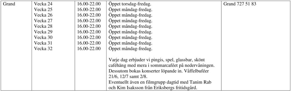 Grand 727 51 83 Varje dag erbjuder vi pingis, spel, glassbar, skönt caféhäng med mera i