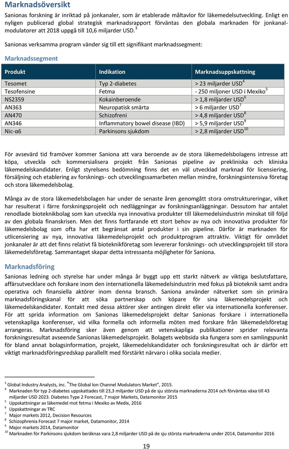3 Sanionas verksamma program vänder sig till ett signifikant marknadssegment: Marknadssegment Produkt Indikation Marknadsuppskattning Tesomet Typ 2-diabetes > 23 miljarder USD 4 Tesofensine Fetma -