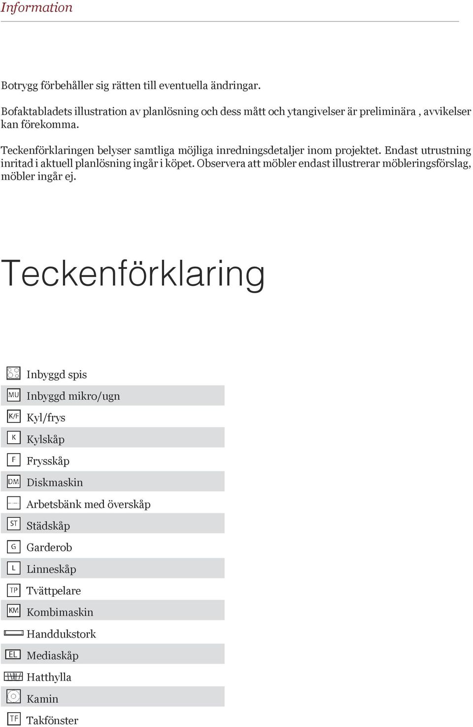 Teckenförklaringen belyser samtliga möjliga inredningsdetaljer inom projektet. Endast utrustning inritad i aktuell planlösning ingår i köpet.