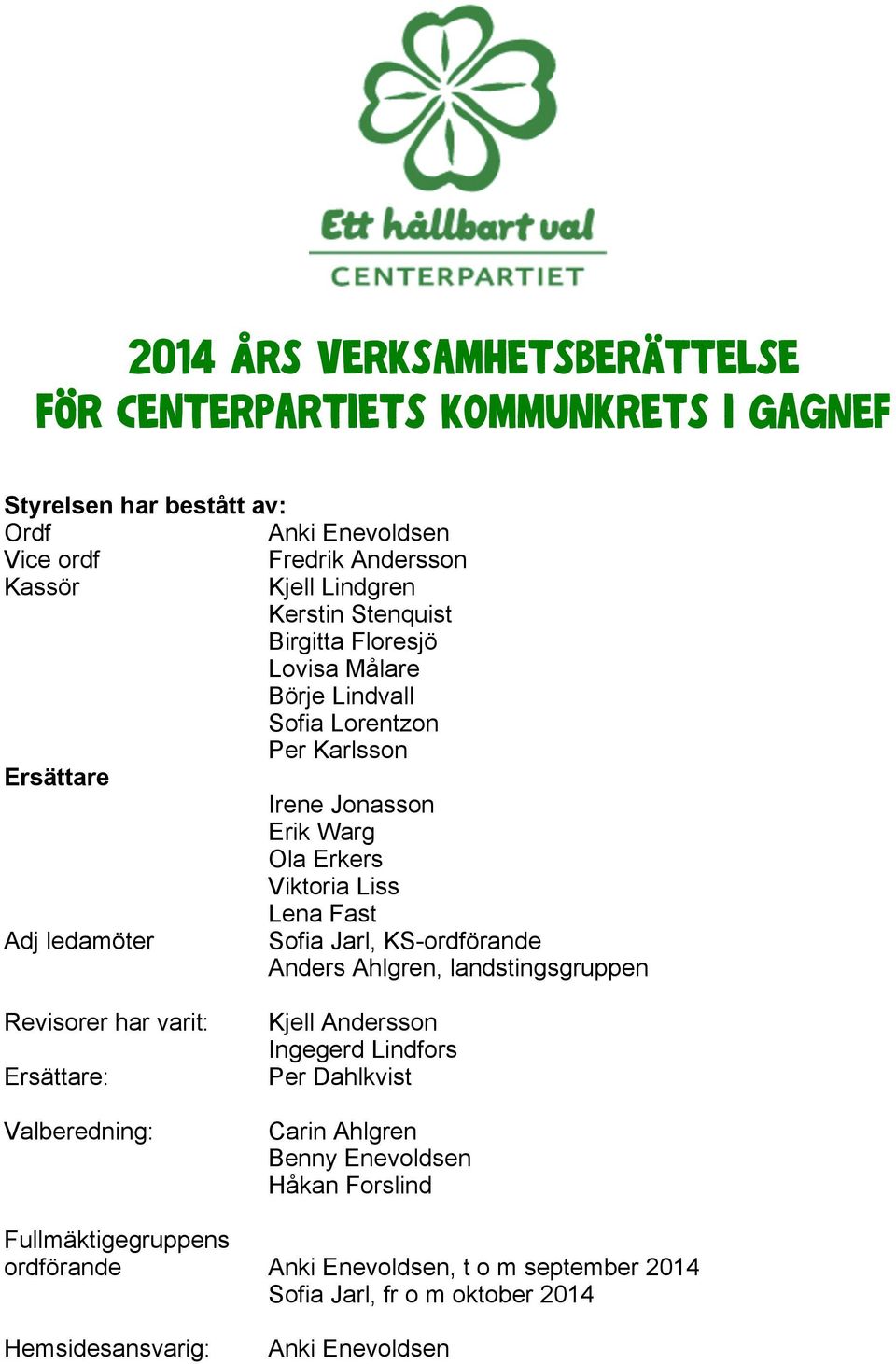 ledamöter Sofia Jarl, KS-ordförande Anders Ahlgren, landstingsgruppen Revisorer har varit: Ersättare: Valberedning: Kjell Andersson Ingegerd Lindfors Per Dahlkvist Carin