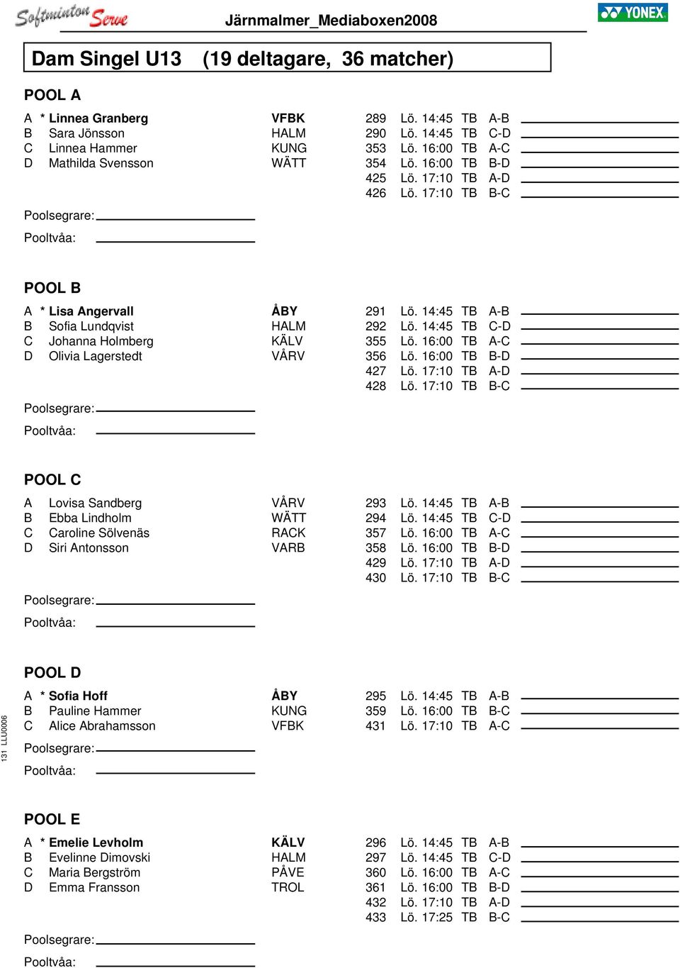 14:45 TB A-B 292 Lö. 14:45 TB C-D 355 Lö. 16:00 TB A-C 356 Lö. 16:00 TB B-D 427 Lö. 17:10 TB A-D 428 Lö.