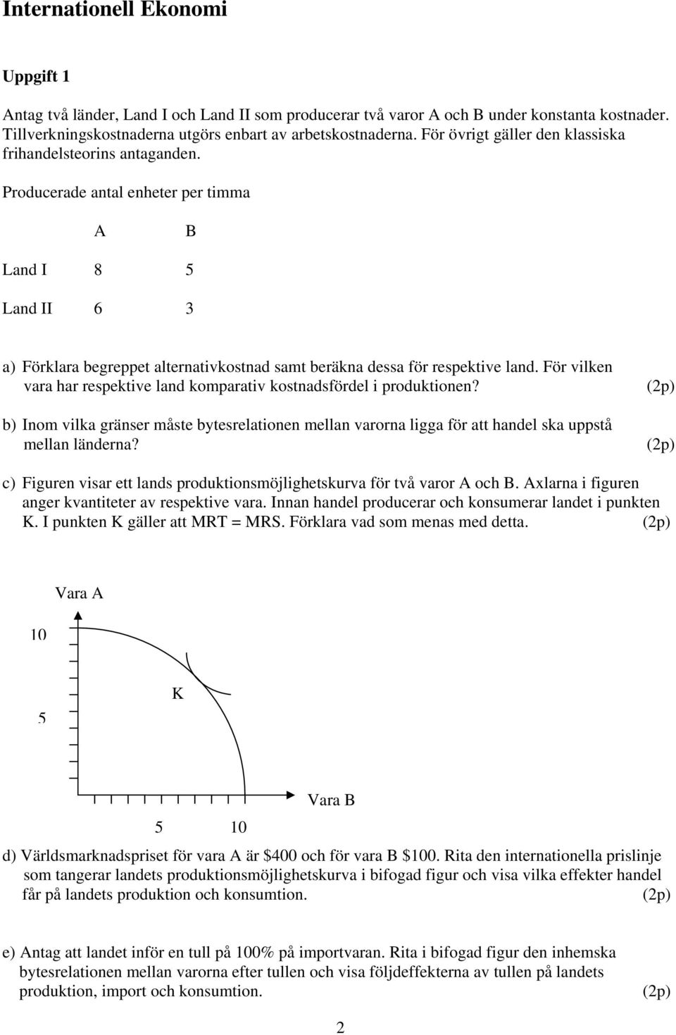 Producerade antal enheter per timma A B Land I 8 5 Land II 6 3 a) Förklara begreppet alternativkostnad samt beräkna dessa för respektive land.
