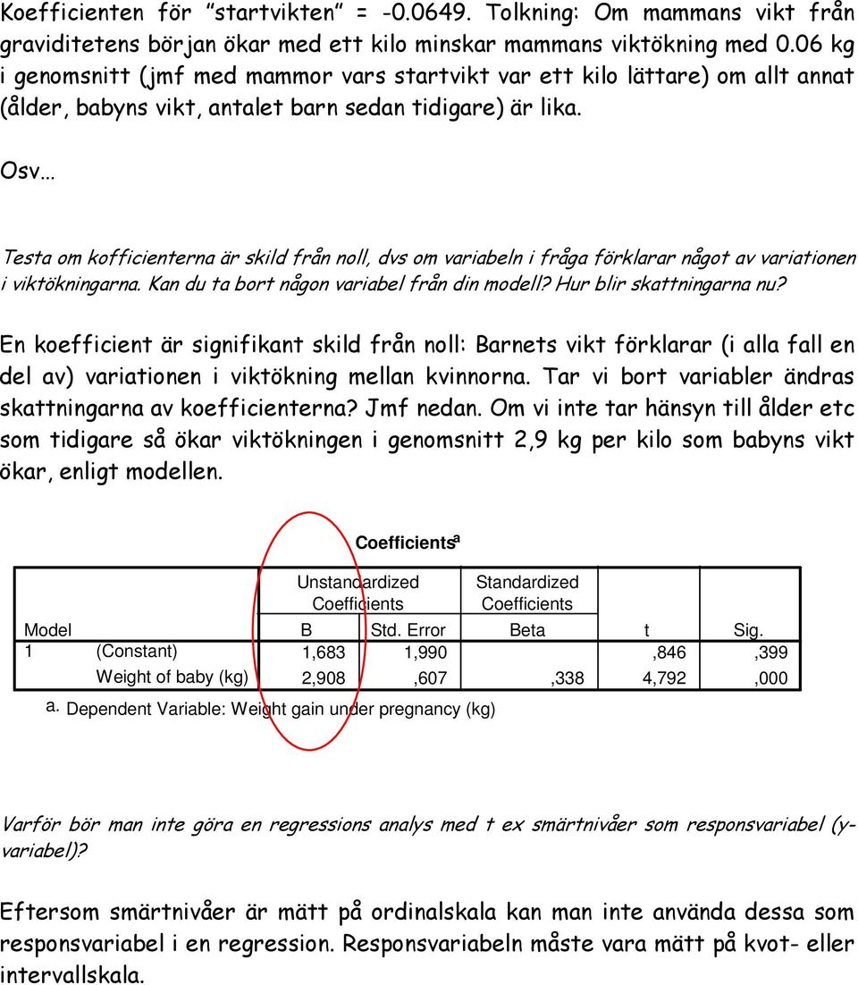 Osv Testa om kofficienterna är skild från noll, dvs om variabeln i fråga förklarar något av variationen i viktökningarna. Kan du ta bort någon variabel från din modell? Hur blir skattningarna nu?