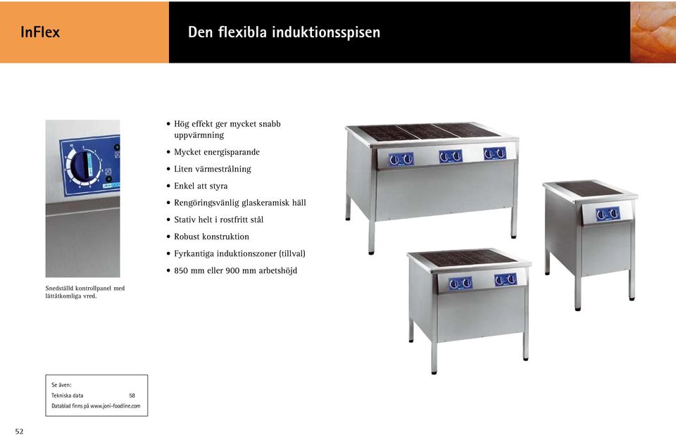 Robust konstruktion Fyrkantiga induktionszoner (tillval) 850 mm eller 900 mm arbetshöjd Snedställd