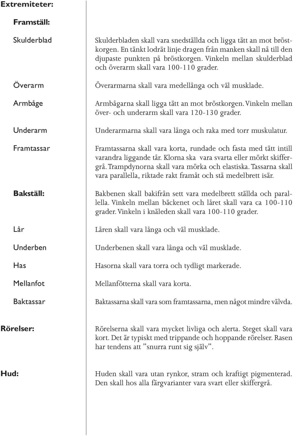 Överarmarna skall vara medellånga och väl musklade. Armbågarna skall ligga tätt an mot bröstkorgen. Vinkeln mellan över- och underarm skall vara 120-130 grader.