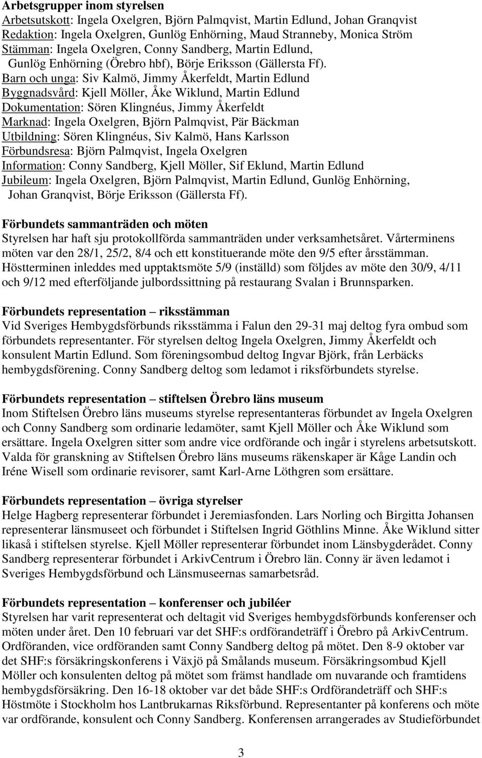 Barn och unga: Siv Kalmö, Jimmy Åkerfeldt, Martin Edlund Byggnadsvård: Kjell Möller, Åke Wiklund, Martin Edlund Dokumentation: Sören Klingnéus, Jimmy Åkerfeldt Marknad: Ingela Oxelgren, Björn