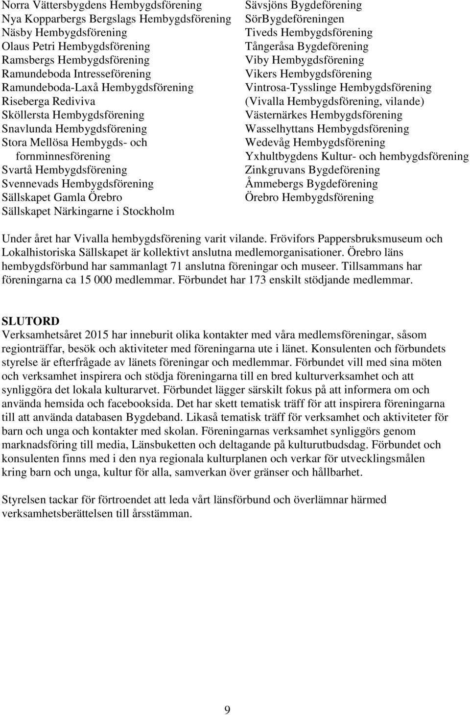 Hembygdsförening Sällskapet Gamla Örebro Sällskapet Närkingarne i Stockholm Sävsjöns Bygdeförening SörBygdeföreningen Tiveds Hembygdsförening Tångeråsa Bygdeförening Viby Hembygdsförening Vikers
