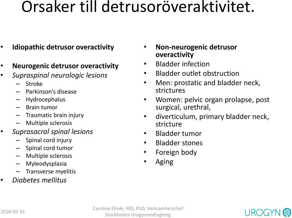 brain injury Multiple sclerosis Suprasacral spinal lesions Spinal cord injury Spinal cord tumor Multiple sclerosis Myleodysplasia Transverse myelitis Diabetes