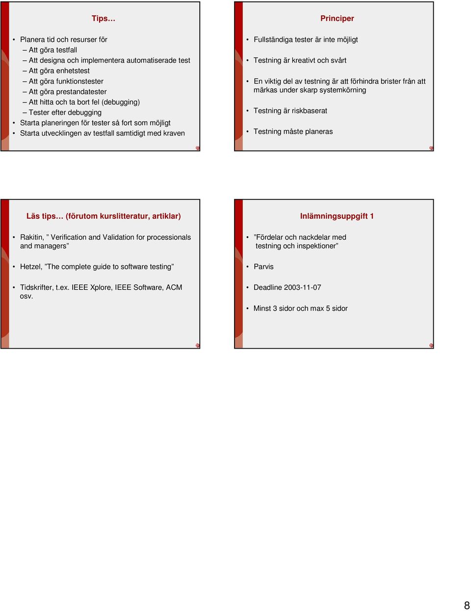 att förhindra brister från att märkas under skarp systemkörning ning är riskbaserat ning måste planeras Läs tips (förutom kurslitteratur, artiklar) Rakitin, Verification and Validation for