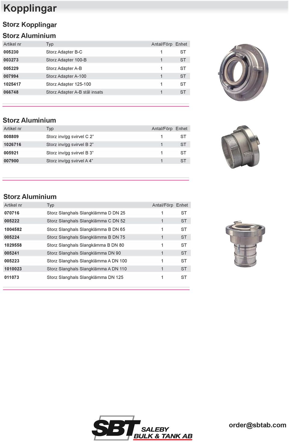 070716 Storz Slanghals Slangklämma D DN 25 005222 Storz Slanghals Slangklämma C DN 52 1004582 Storz Slanghals Slangklämma B DN 65 005224 Storz Slanghals Slangklämma B DN 75 1029558 Storz