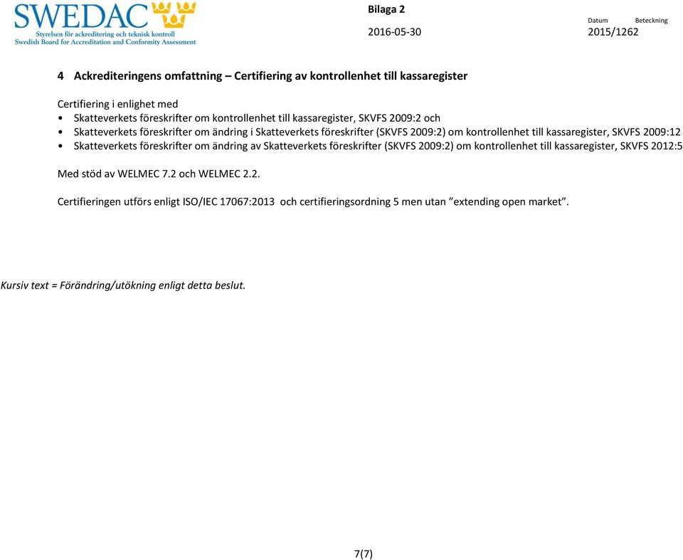 2009:12 Skatteverkets föreskrifter om ändring av Skatteverkets föreskrifter (SKVFS 2009:2) om kontrollenhet till kassaregister, SKVFS 2012:5 Med stöd av WELMEC