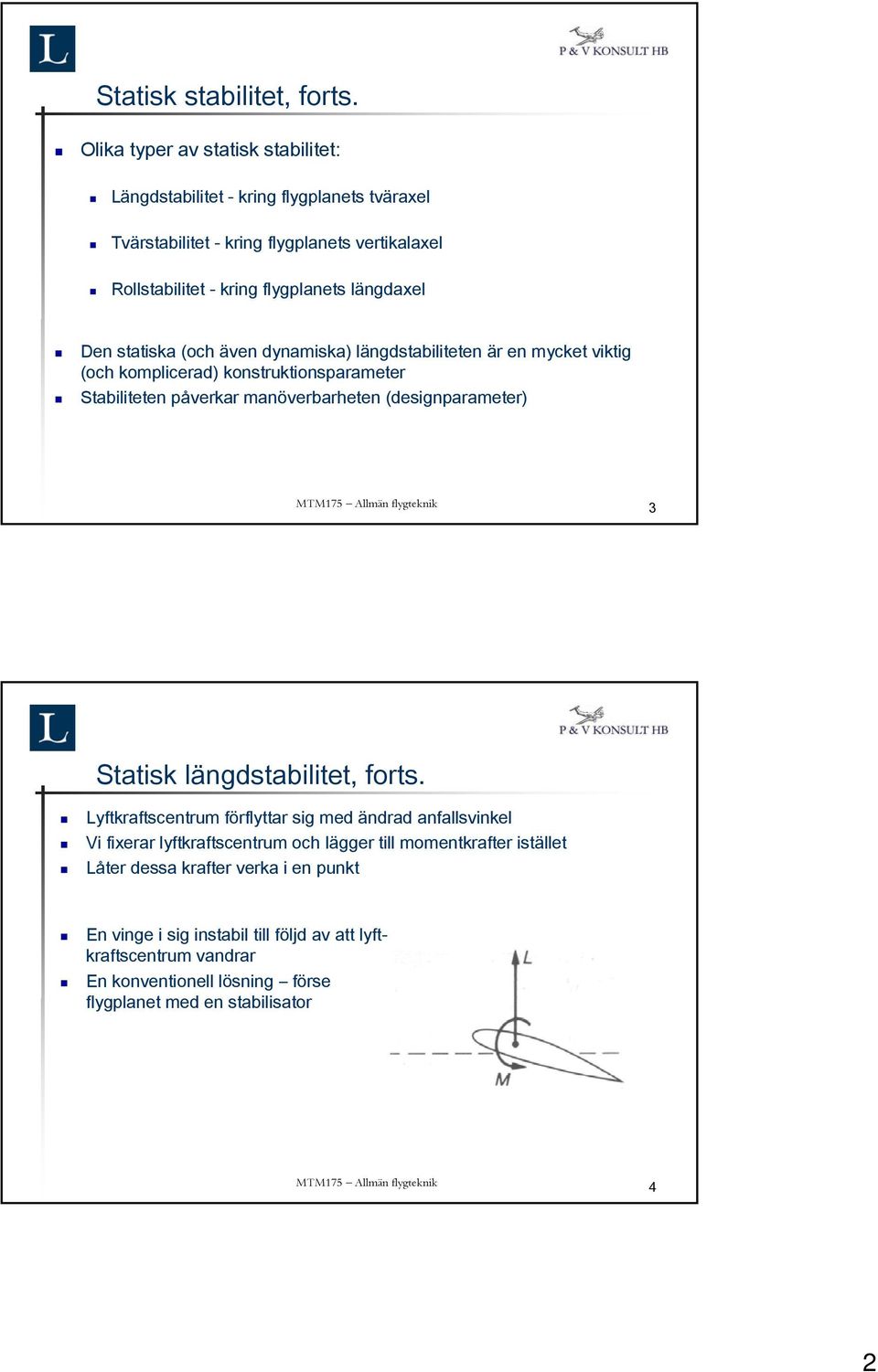 Den statiska (och även dynamiska) längdstabiliteten är en mycket viktig (och komplicerad) konstruktionsparameter Stabiliteten påverkar manöverbarheten (designparameter) 3