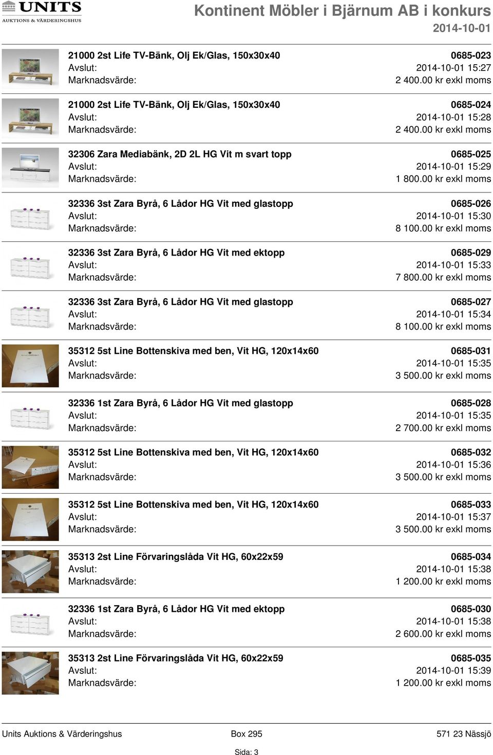 00 kr exkl moms 32336 3st Zara Byrå, 6 Lådor HG Vit med glastopp 0685-027 Avslut: 15:34 8 100.