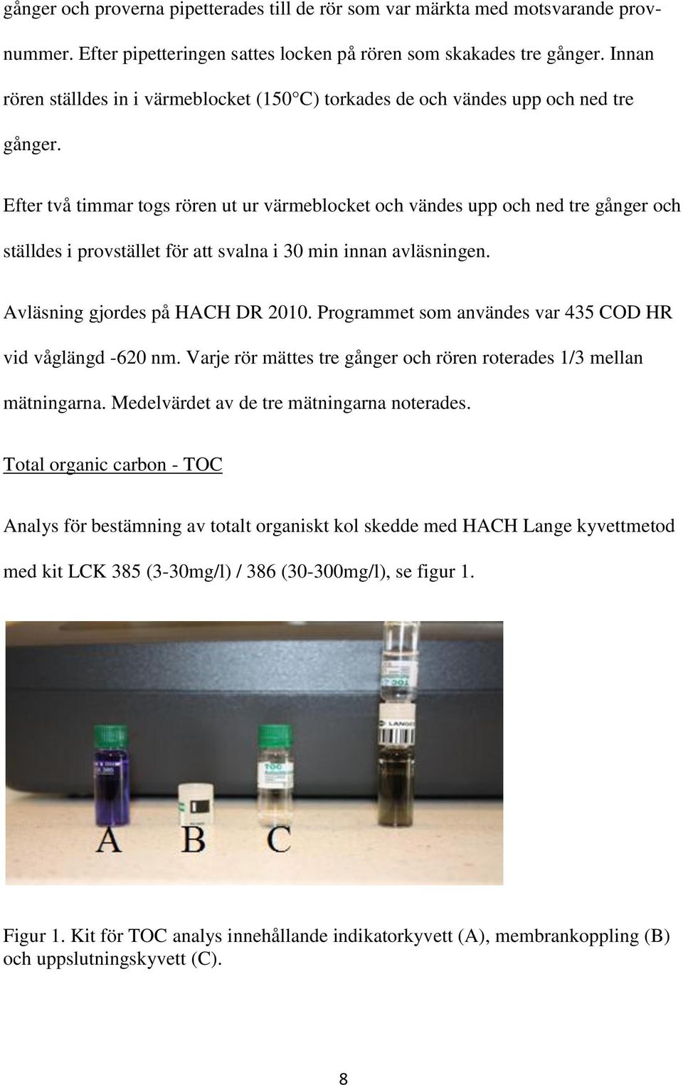 Efter två timmar togs rören ut ur värmeblocket och vändes upp och ned tre gånger och ställdes i provstället för att svalna i 30 min innan avläsningen. Avläsning gjordes på HACH DR 2010.