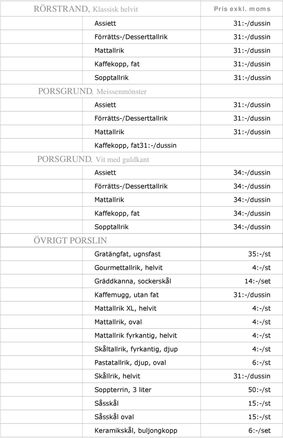 Gourmettallrik, helvit 4:-/st Gräddkanna, sockerskål Kaffemugg, utan fat XL, helvit, oval fyrkantig, helvit Skåltallrik, fyrkantig, djup