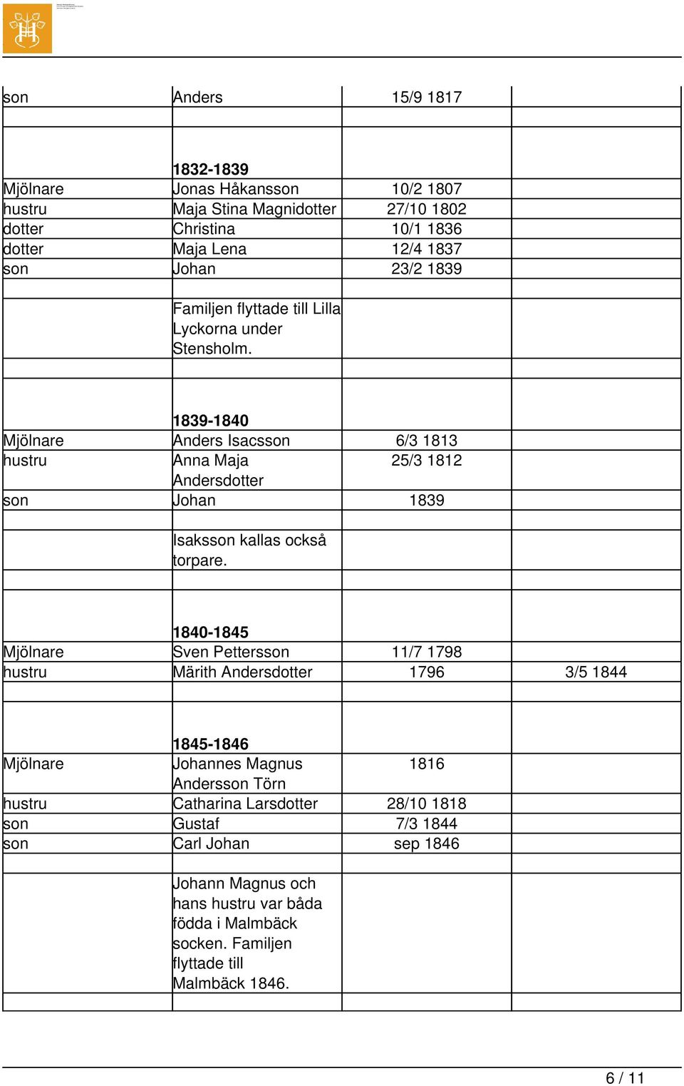 1839-1840 Mjölnare Anders Isacsson 6/3 1813 hustru Anna Maja 25/3 1812 Andersdotter son Johan 1839 Isaksson kallas också torpare.