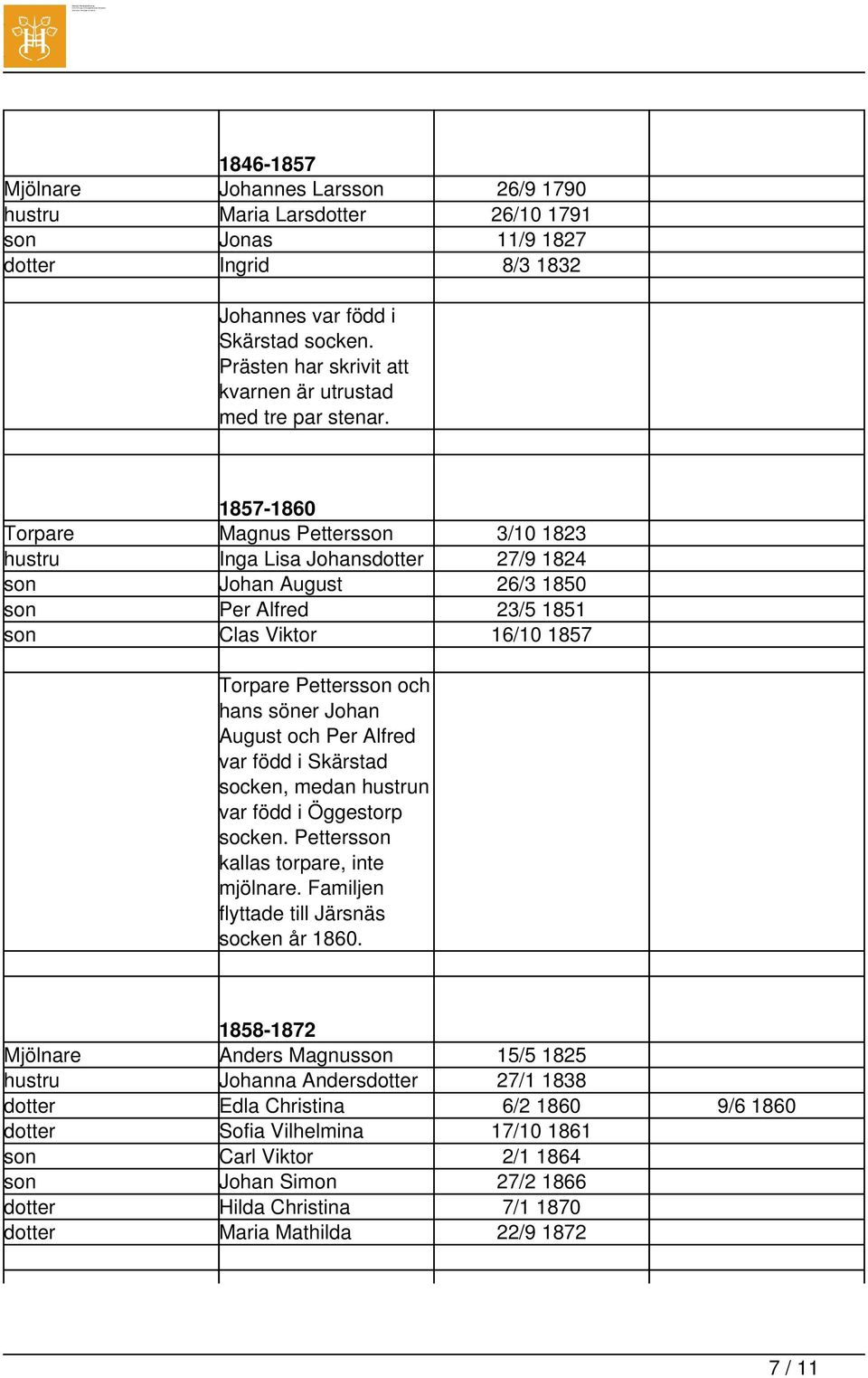 1857-1860 Torpare Magnus Pettersson 3/10 1823 hustru Inga Lisa Johansdotter 27/9 1824 son Johan August 26/3 1850 son Per Alfred 23/5 1851 son Clas Viktor 16/10 1857 Torpare Pettersson och hans söner